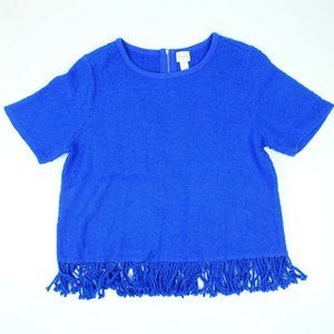 Chico’s 2 Blue Acrylic Wool Blend Fringe Hem Zipper Short Sleeve Knit Top L / XL